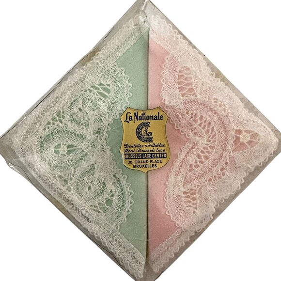 La Nationale Accessories - VTG La Nationale Handkerchiefs (2) NEW Boxed Pastel Pink & Green w/Lace Belgium